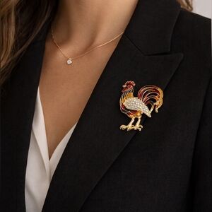 Colorful Red & Gold Enamel Rooster Brooch with Rhinestones
